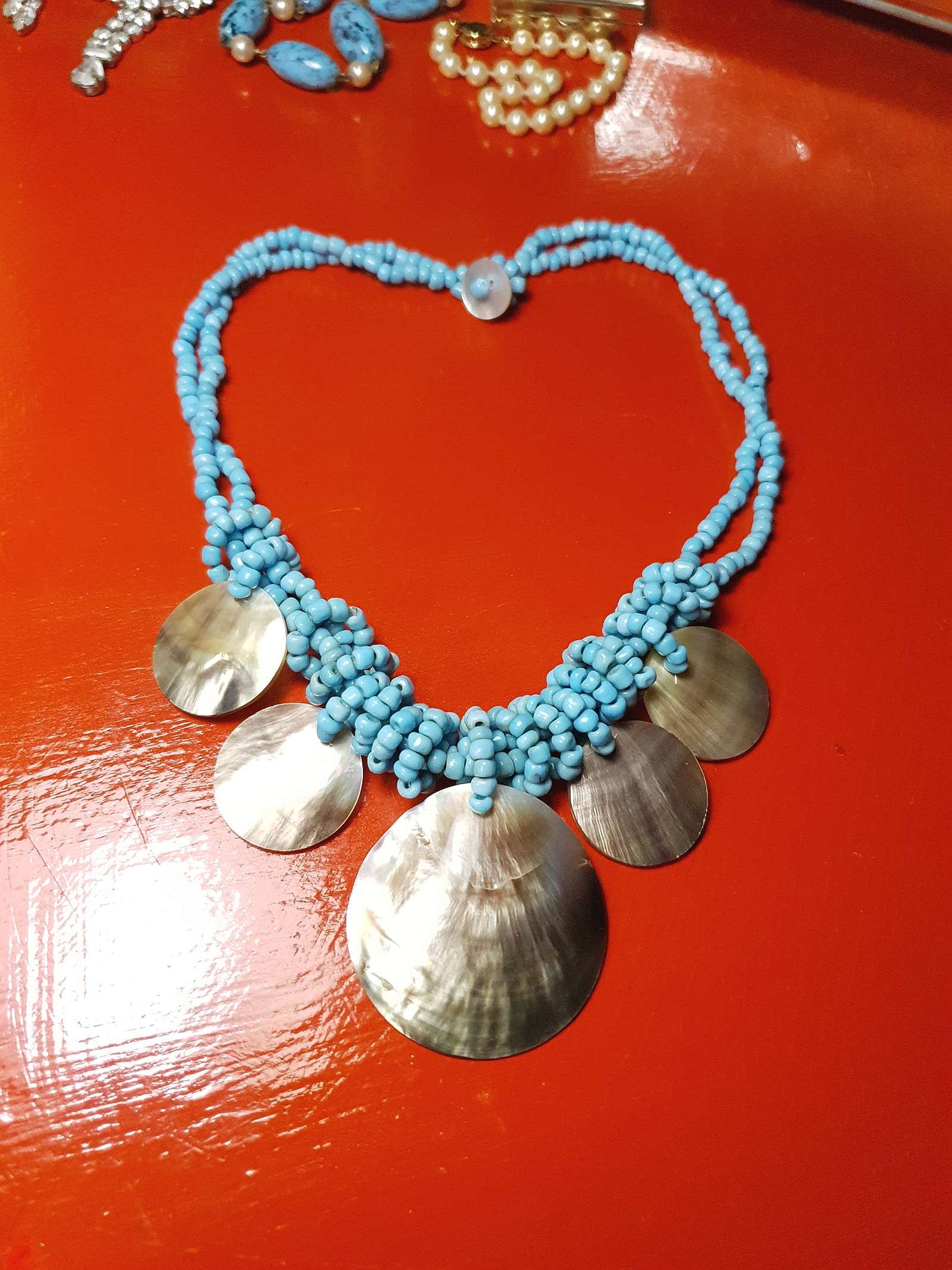 Vintage Mother of Pearl Boho Necklace 16" Blue Bead Bohemian Retro MOP