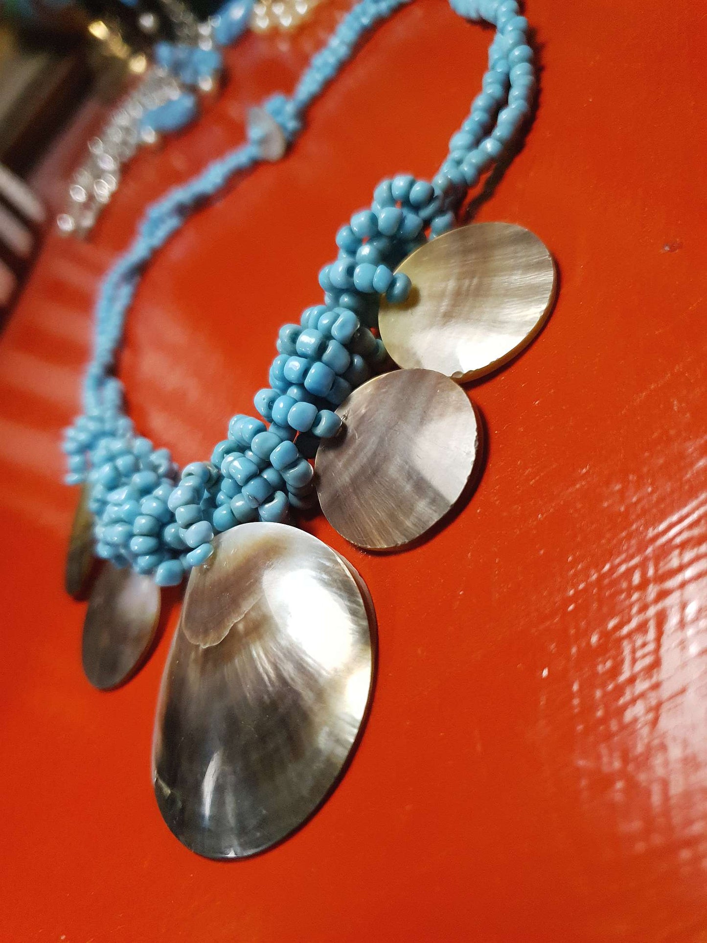 Vintage Mother of Pearl Boho Necklace 16" Blue Bead Bohemian Retro MOP