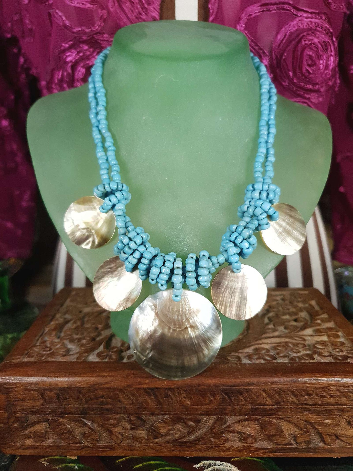 Vintage Mother of Pearl Boho Necklace 16" Blue Bead Bohemian Retro MOP