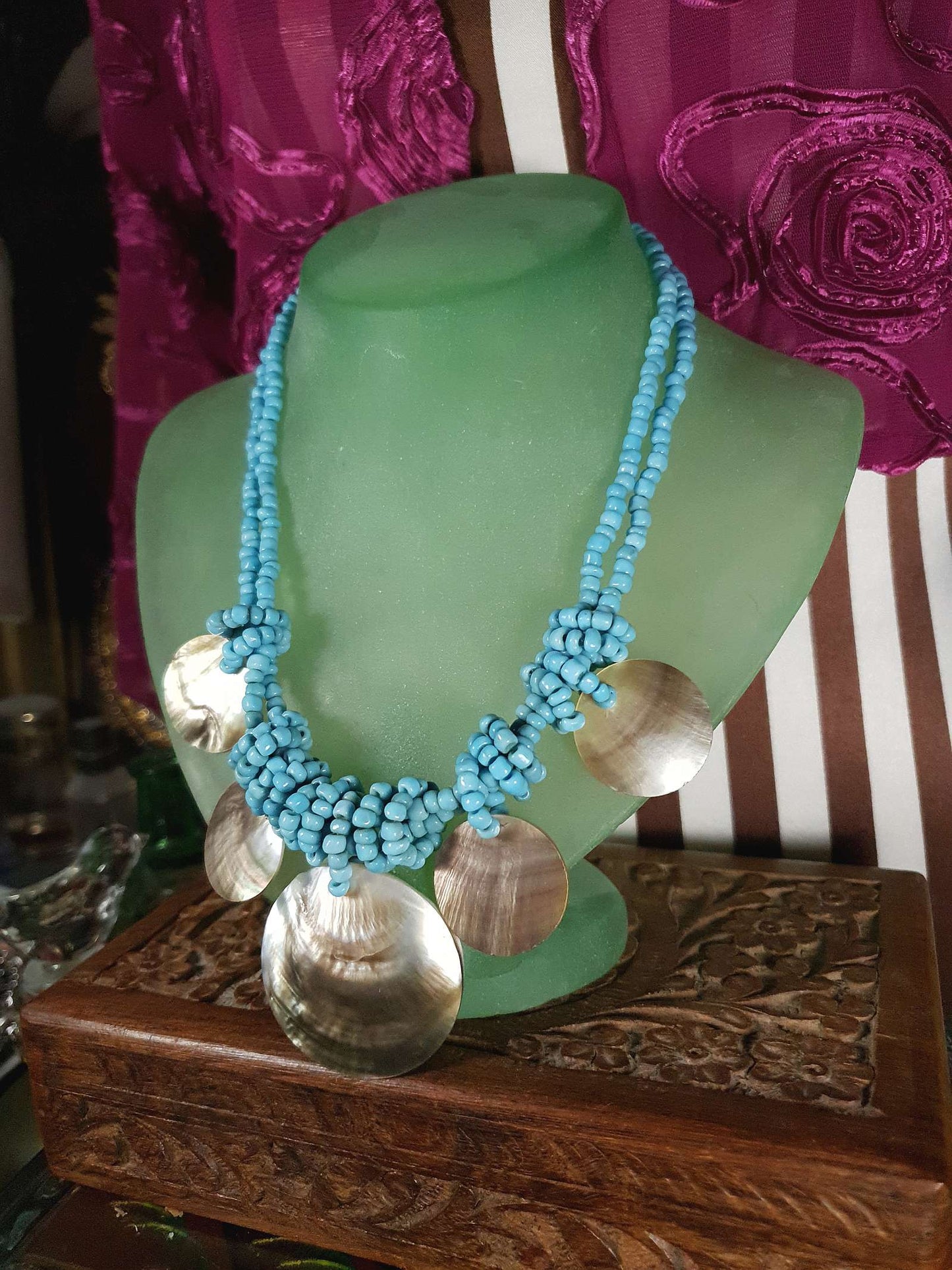Vintage Mother of Pearl Boho Necklace 16" Blue Bead Bohemian Retro MOP
