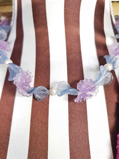 Vintage Pastel Blue & Lavender Flower Leaf Pearl Necklace Retro 1980s