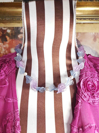 Vintage Pastel Blue & Lavender Flower Leaf Pearl Necklace Retro 1980s