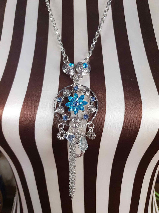 Vintage Blue Rhinestone Charm Boho Necklace Pendant Y2K Floral Flower