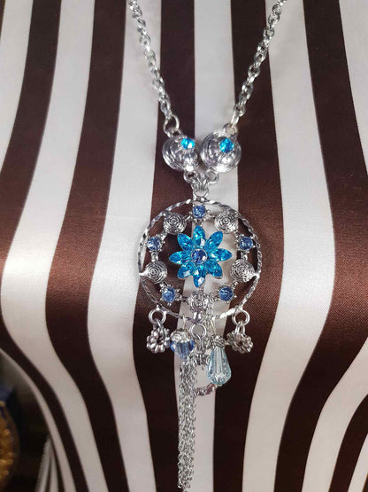 Vintage Blue Rhinestone Charm Boho Necklace Pendant Y2K Floral Flower