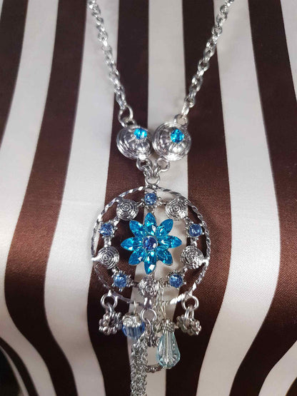 Vintage Blue Rhinestone Charm Boho Necklace Pendant Y2K Floral Flower