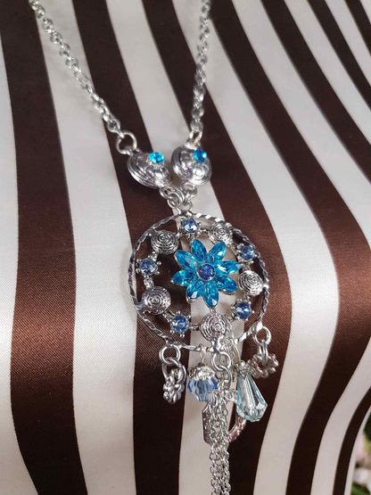 Vintage Blue Rhinestone Charm Boho Necklace Pendant Y2K Floral Flower