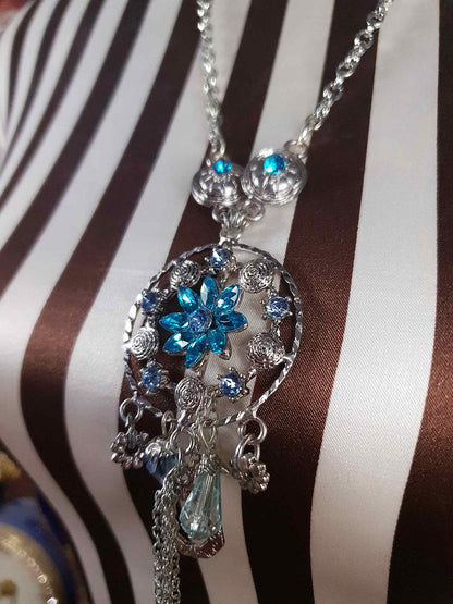 Vintage Blue Rhinestone Charm Boho Necklace Pendant Y2K Floral Flower