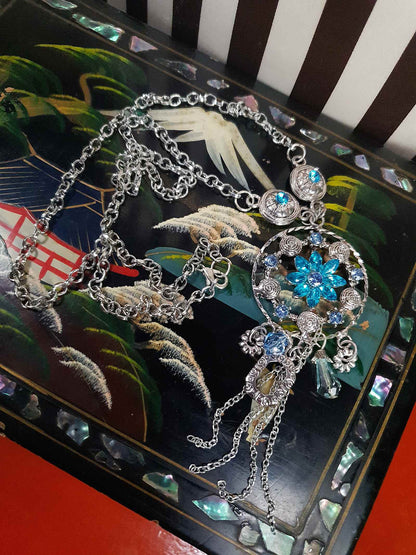 Vintage Blue Rhinestone Charm Boho Necklace Pendant Y2K Floral Flower