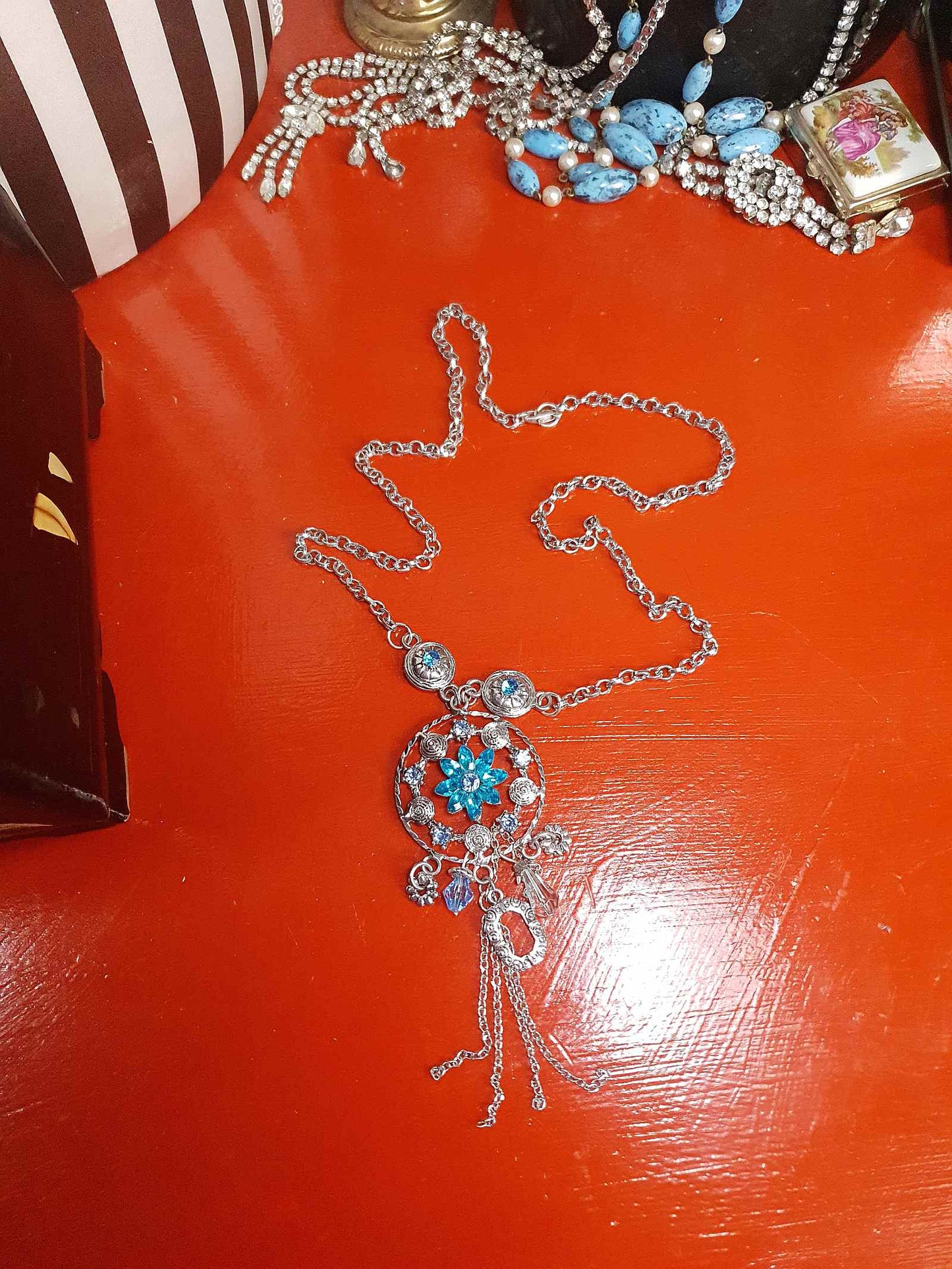 Vintage Blue Rhinestone Charm Boho Necklace Pendant Y2K Floral Flower