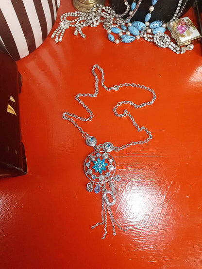 Vintage Blue Rhinestone Charm Boho Necklace Pendant Y2K Floral Flower