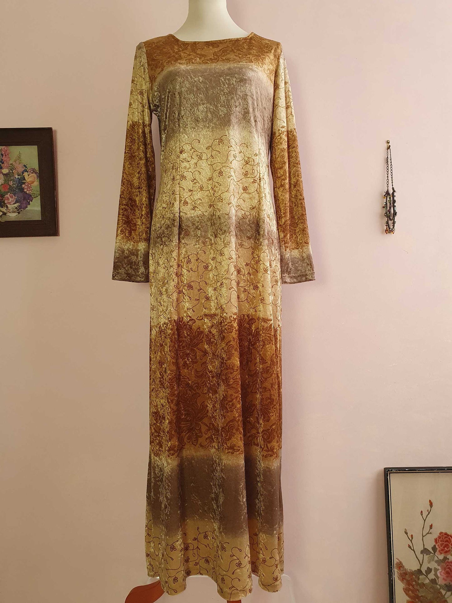 Vintage Boho Dress 90s Velvet Maxi Caramel - Size 14 Bohemian