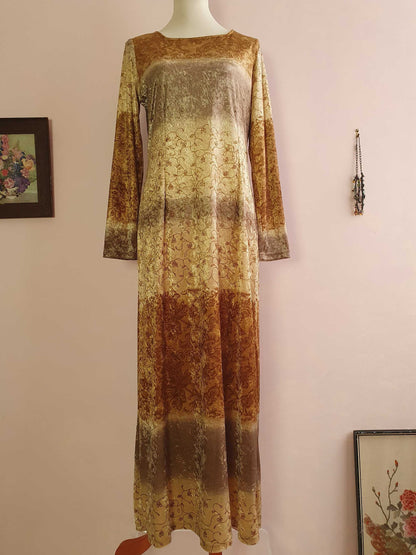 Vintage Boho Dress 90s Velvet Maxi Caramel - Size 14 Bohemian