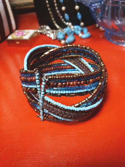 Vintage Beaded Boho Bangle Bracelet Cuff Brown Blue Bohemian