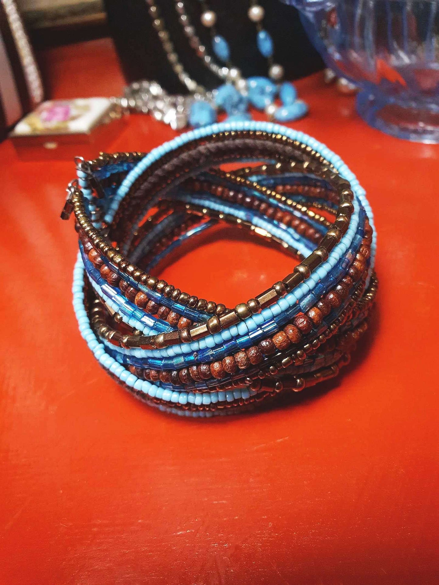 Vintage Beaded Boho Bangle Bracelet Cuff Brown Blue Bohemian