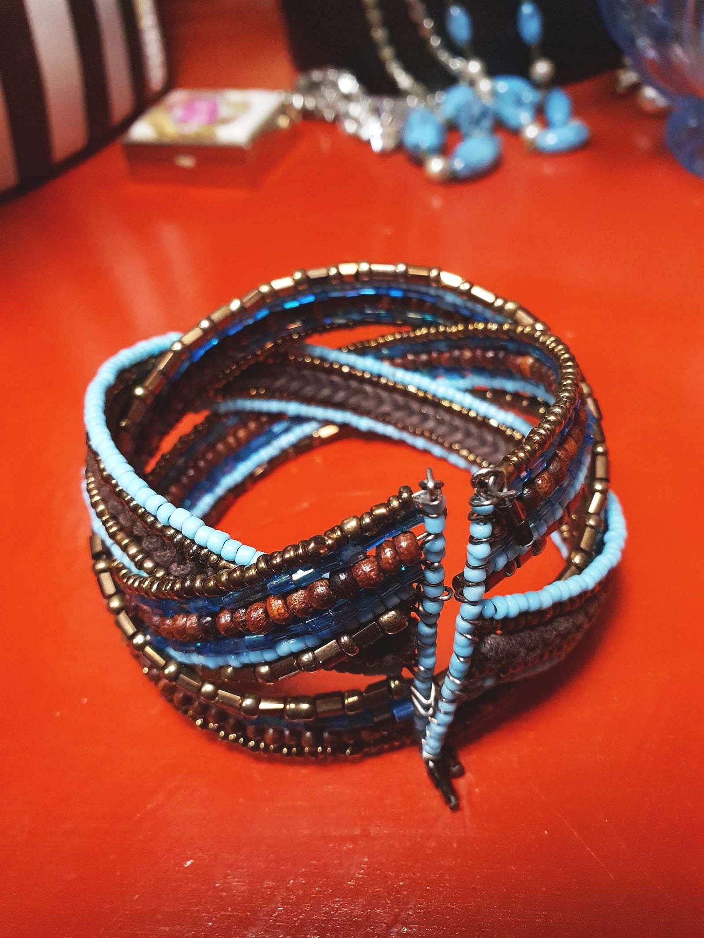 Vintage Beaded Boho Bangle Bracelet Cuff Brown Blue Bohemian