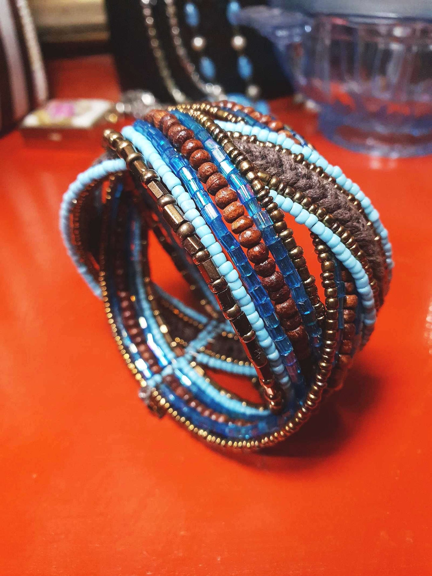 Vintage Beaded Boho Bangle Bracelet Cuff Brown Blue Bohemian