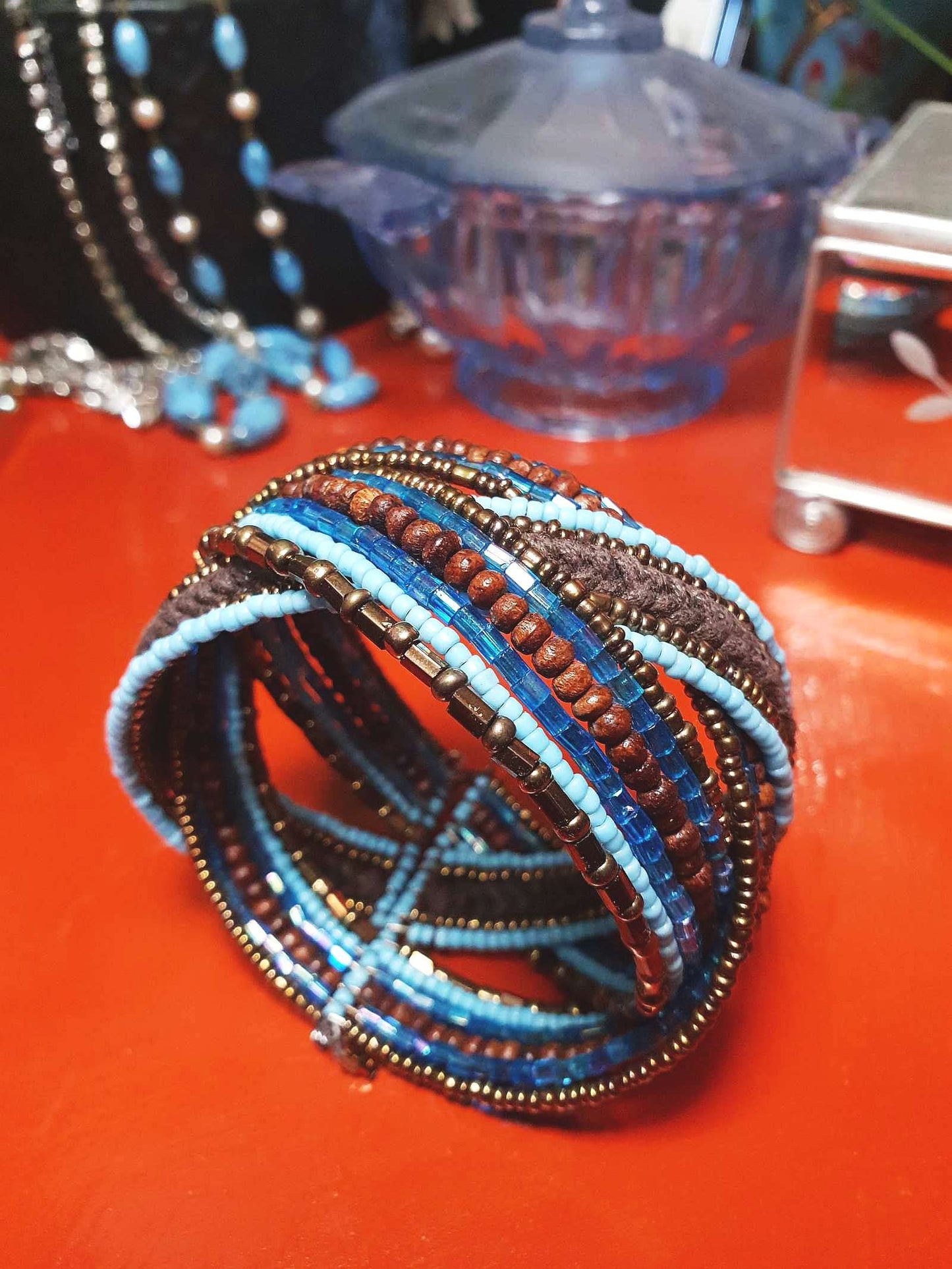 Vintage Beaded Boho Bangle Bracelet Cuff Brown Blue Bohemian