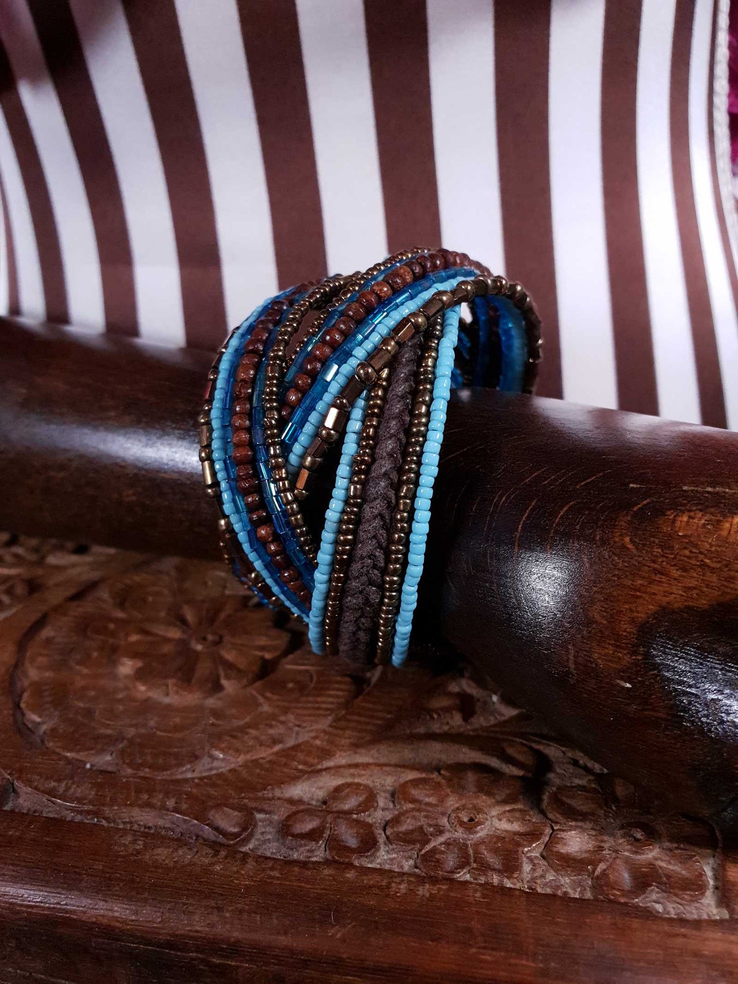 Vintage Beaded Boho Bangle Bracelet Cuff Brown Blue Bohemian