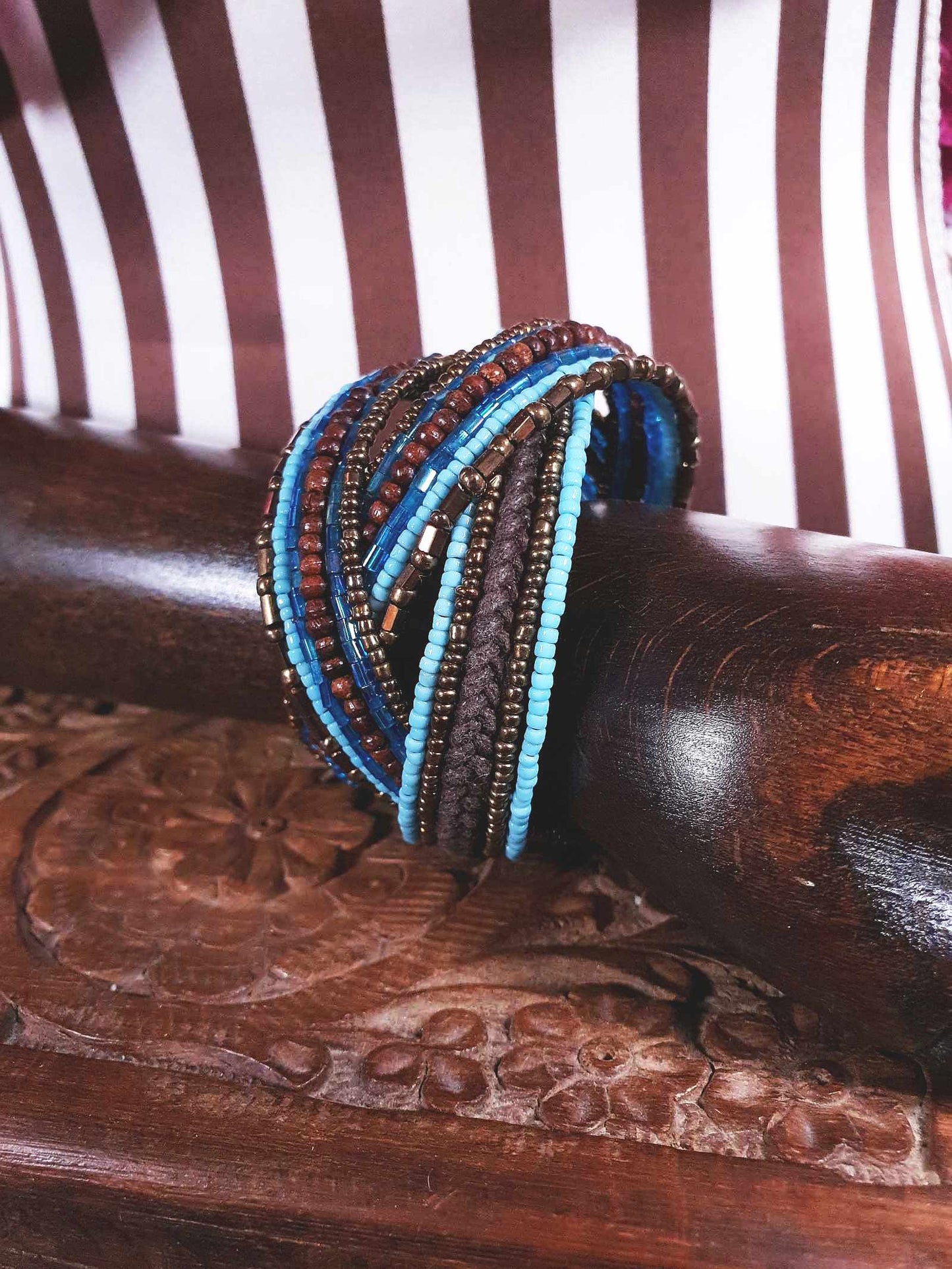 Vintage Beaded Boho Bangle Bracelet Cuff Brown Blue Bohemian