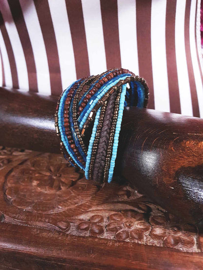 Vintage Beaded Boho Bangle Bracelet Cuff Brown Blue Bohemian