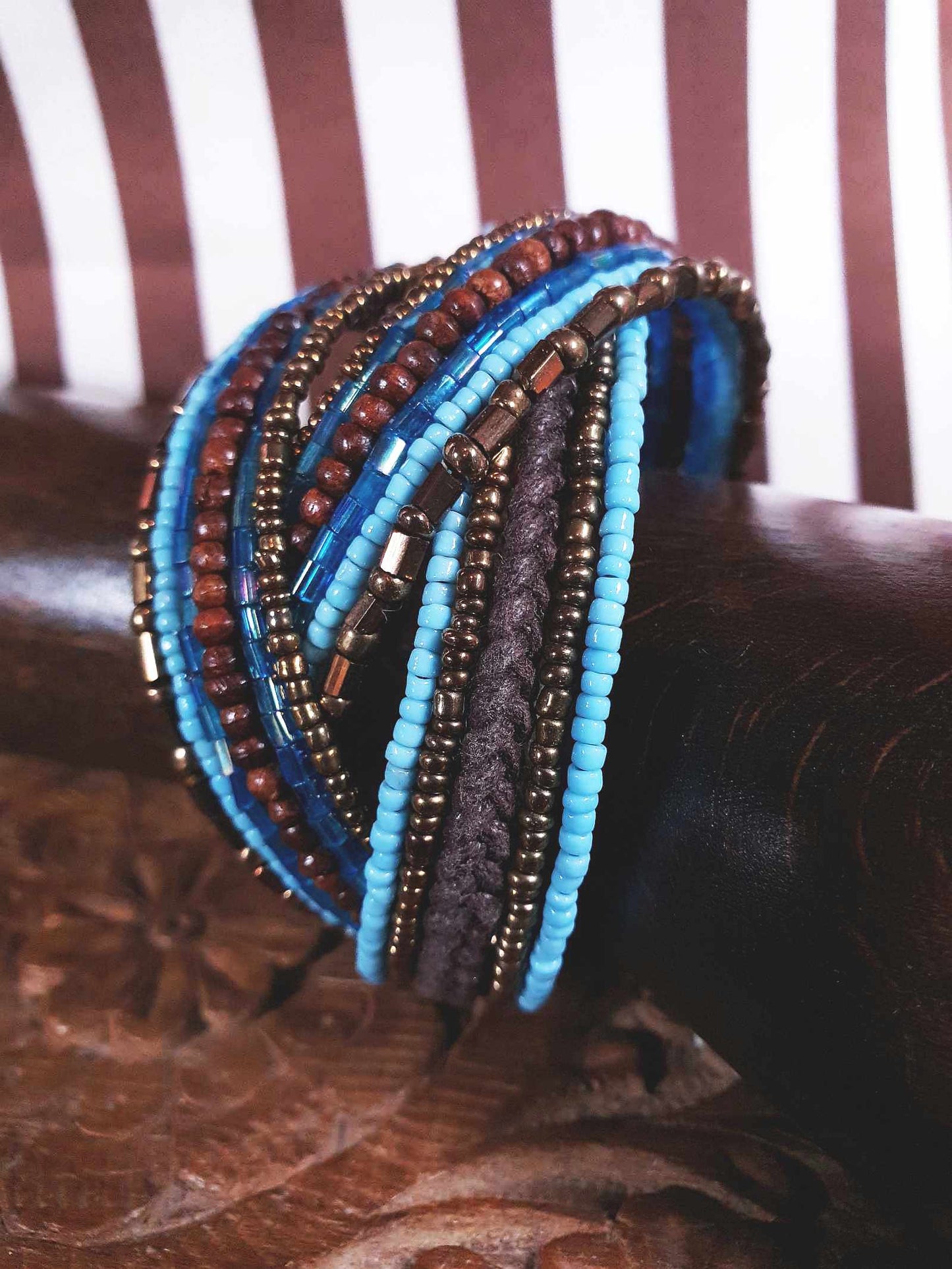 Vintage Beaded Boho Bangle Bracelet Cuff Brown Blue Bohemian