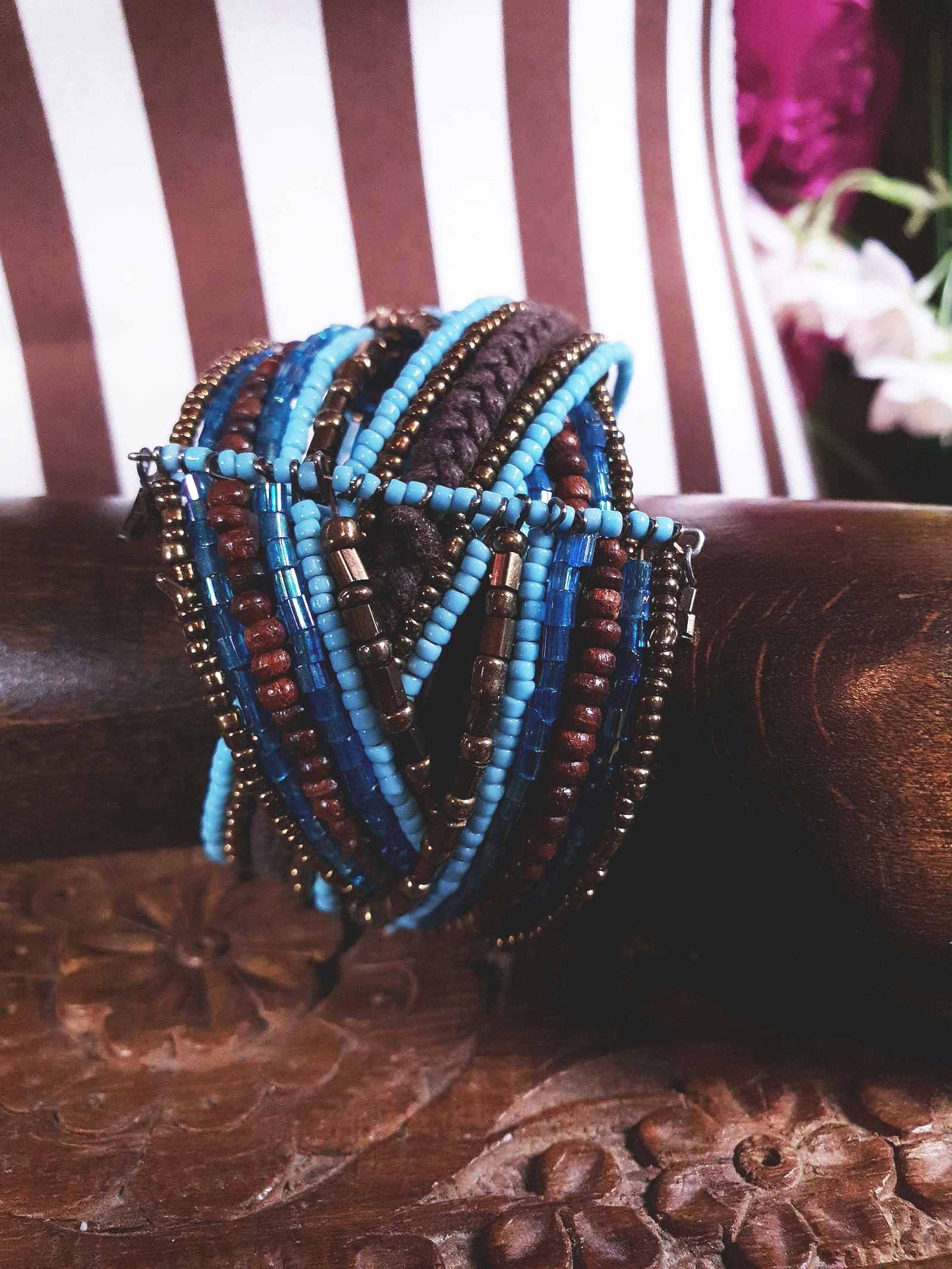 Vintage Beaded Boho Bangle Bracelet Cuff Brown Blue Bohemian