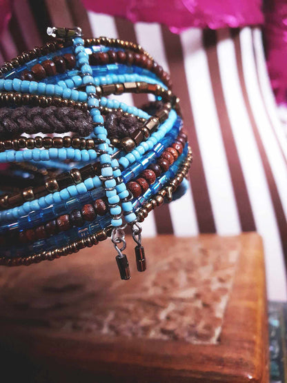 Vintage Beaded Boho Bangle Bracelet Cuff Brown Blue Bohemian