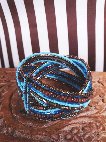 Vintage Beaded Boho Bangle Bracelet Cuff Brown Blue Bohemian
