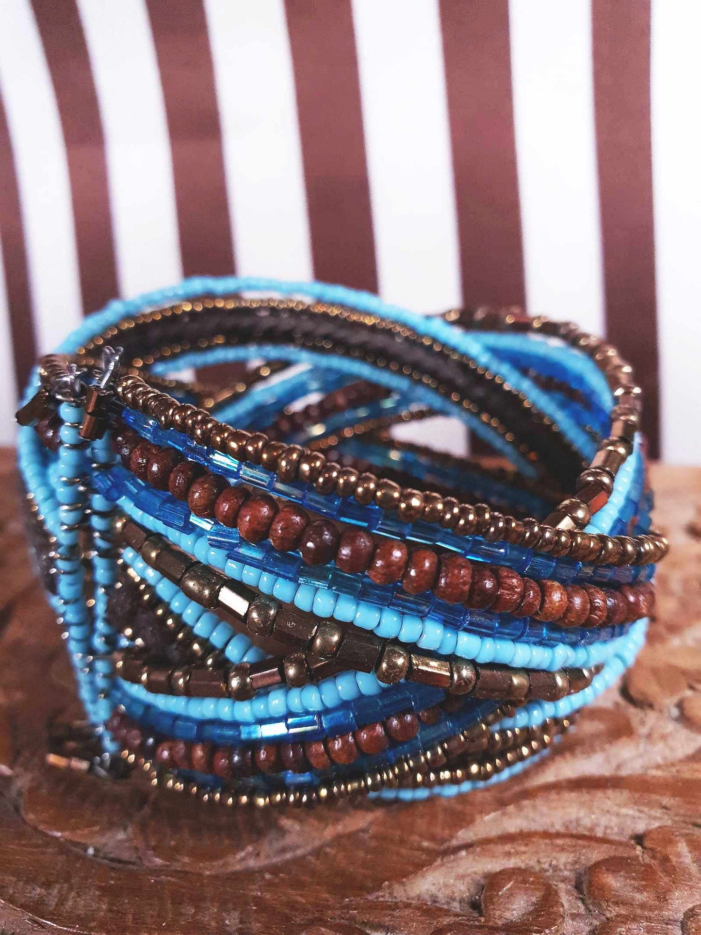 Vintage Beaded Boho Bangle Bracelet Cuff Brown Blue Bohemian