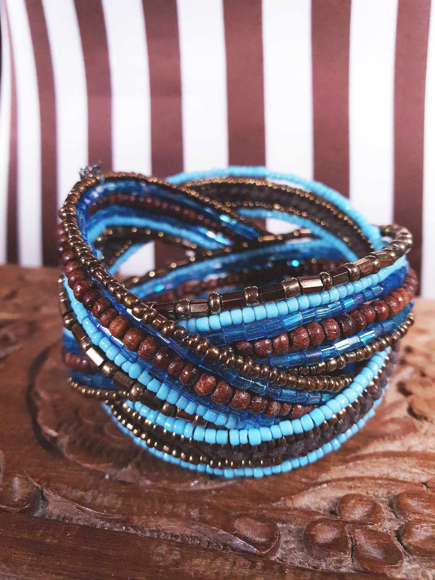 Vintage Beaded Boho Bangle Bracelet Cuff Brown Blue Bohemian