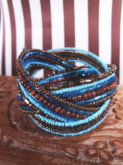 Vintage Beaded Boho Bangle Bracelet Cuff Brown Blue Bohemian