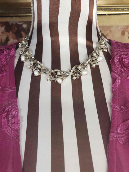 Vintage 1950s Glass Pearl Leaf Necklace Retro Choker