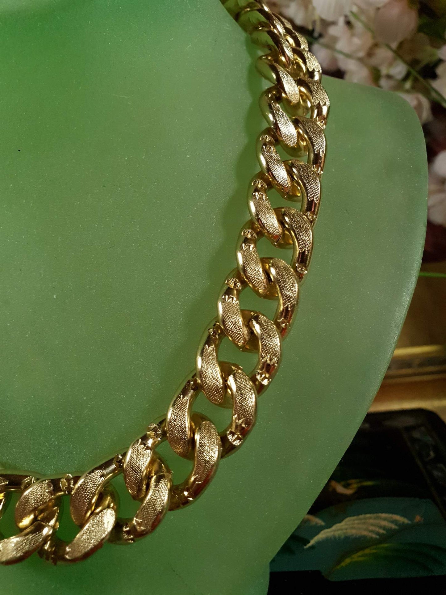 Vintage Curb Link Chain Necklace 16" Gold Tone Choker 1980s