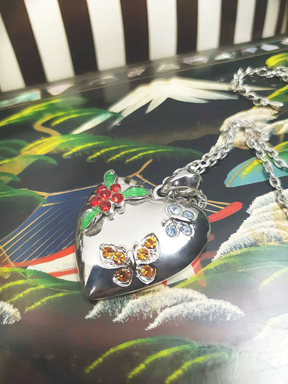 Vintage Heart Pendant Necklace Butterfly Rhinestone Floral Y2K