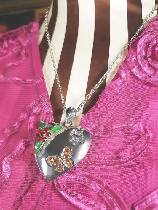 Vintage Heart Pendant Necklace Butterfly Rhinestone Floral Y2K