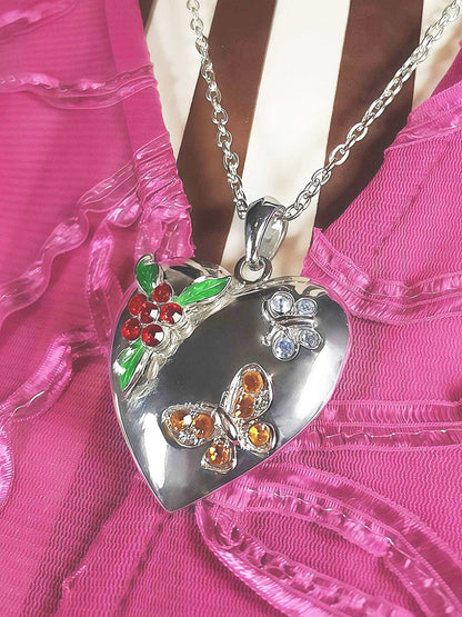 Vintage Heart Pendant Necklace Butterfly Rhinestone Floral Y2K