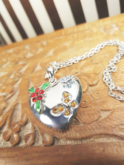 Vintage Heart Pendant Necklace Butterfly Rhinestone Floral Y2K