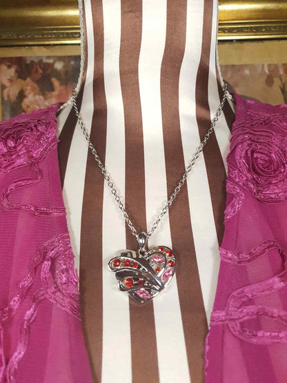 Vintage Red Pink Rhinestone Heart Pendant Necklace