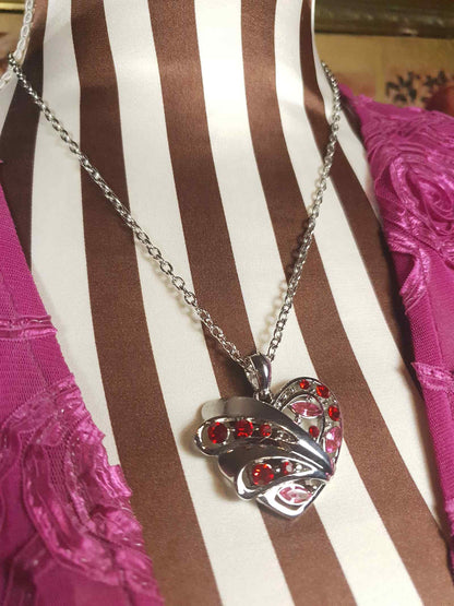 Vintage Red Pink Rhinestone Heart Pendant Necklace