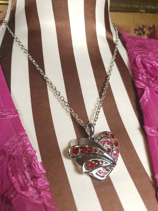 Vintage Red Pink Rhinestone Heart Pendant Necklace