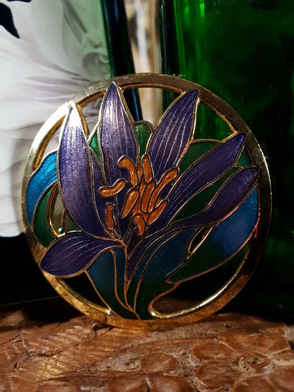 Vintage Iris Flower Cloisonne Brooch Floral 1980s Gold Tone