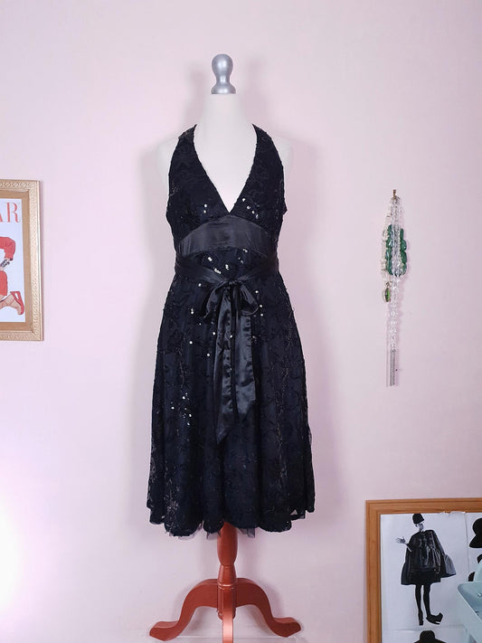 Vintage Black Sequin Party Dress 1990s Halter Neck LBD Size 10 Fit & Flare Midi