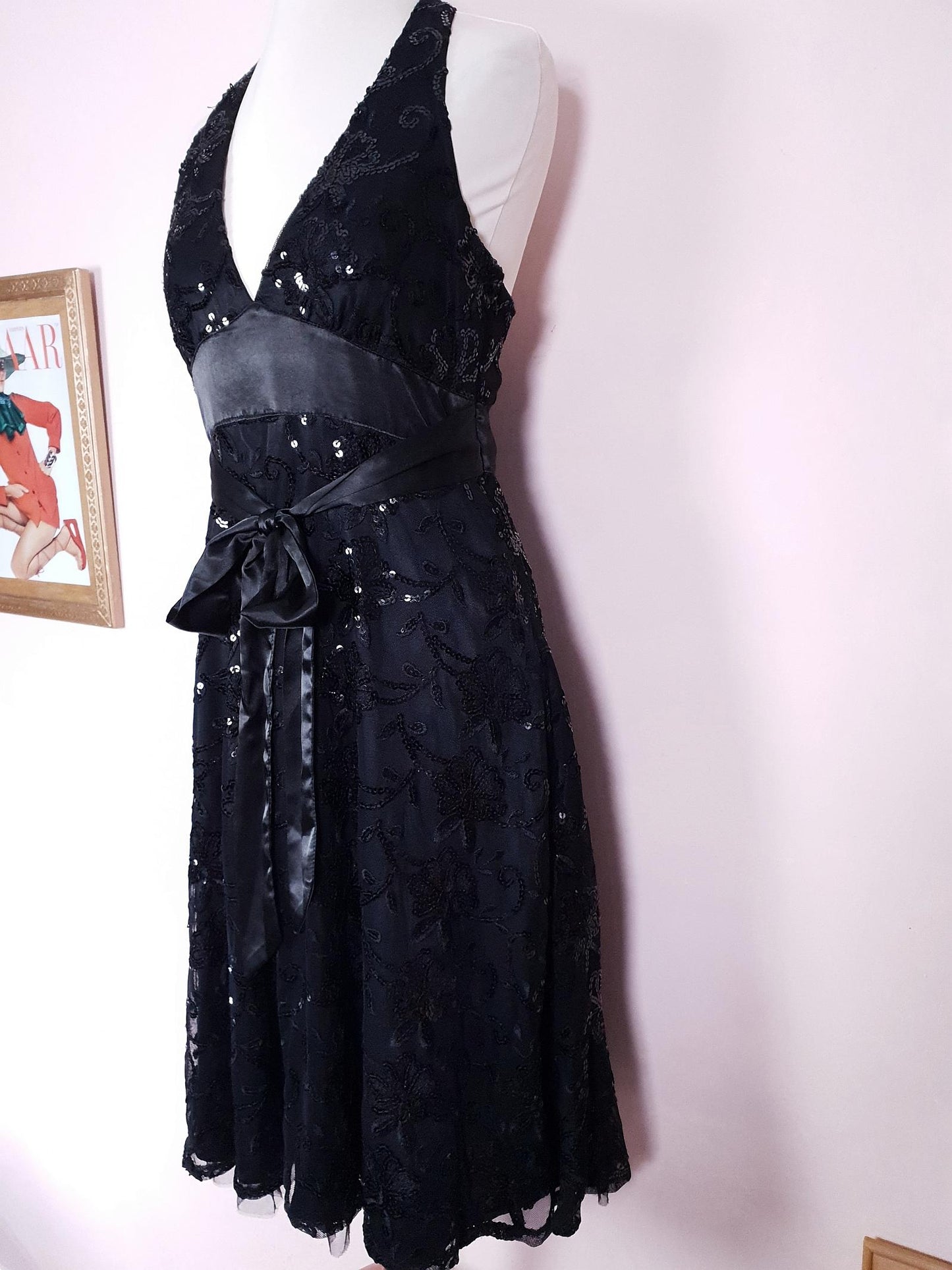 Vintage Black Sequin Party Dress 1990s Halter Neck LBD Size 10 Fit & Flare Midi