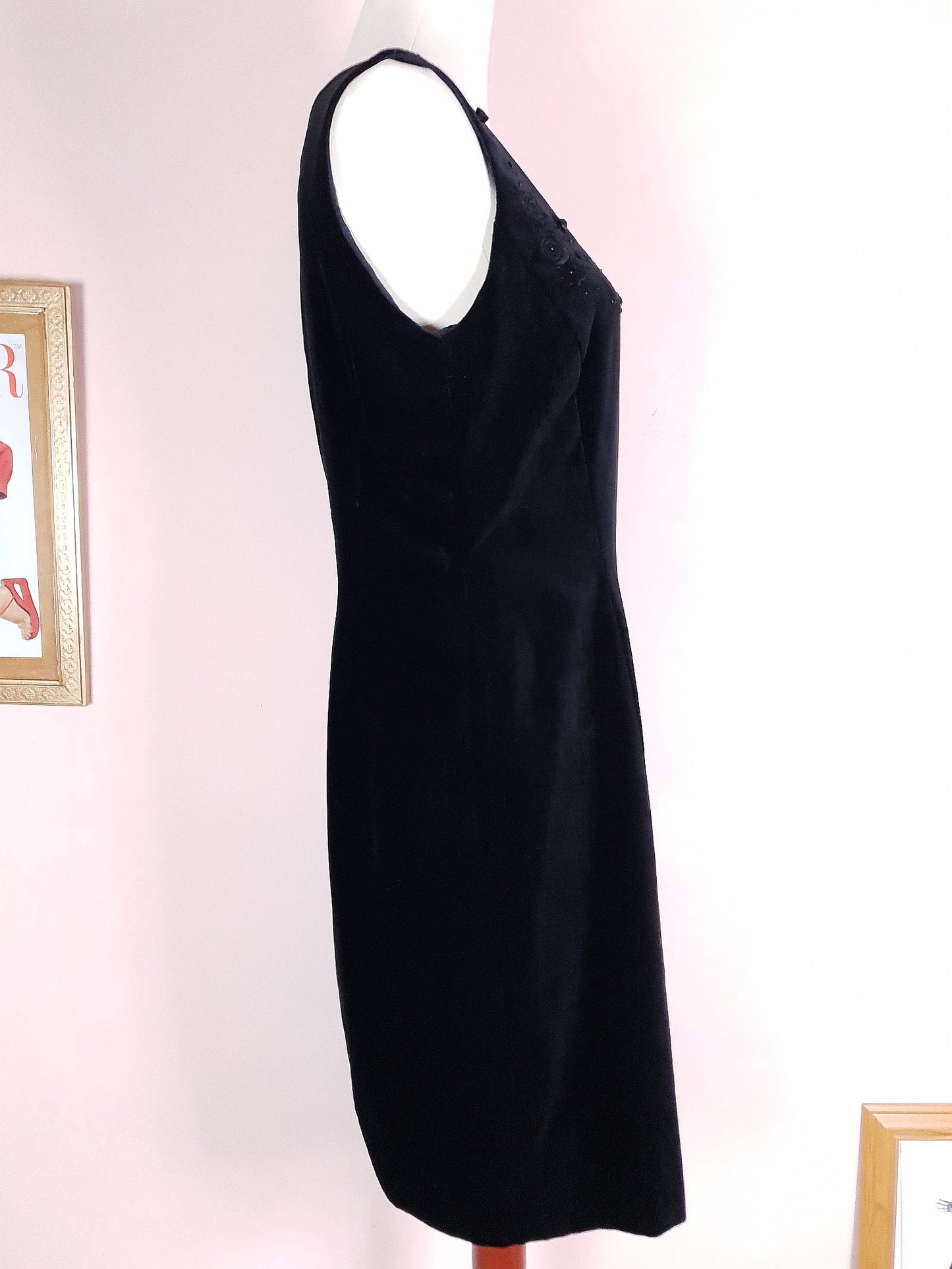 Vintage Laura Ashley Black Velvet Embroidered Dress - Size 12/14 LBD