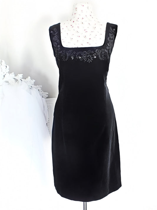 Vintage Laura Ashley Black Velvet Embroidered Dress - Size 12/14 LBD