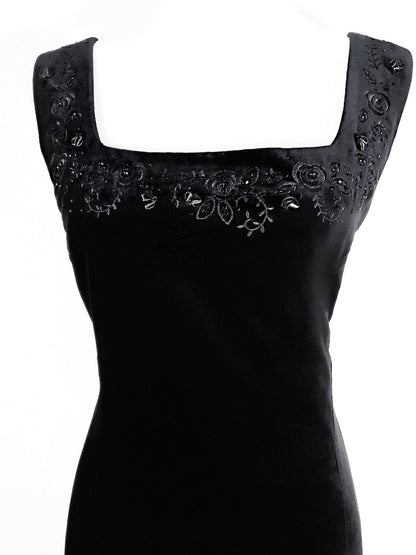Vintage Laura Ashley Black Velvet Embroidered Dress - Size 12/14 LBD