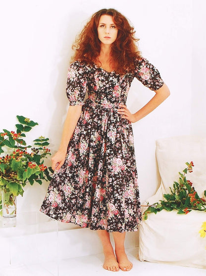 English Classics - 1980s Vintage Laura Ashley Floral Dress - Size 12