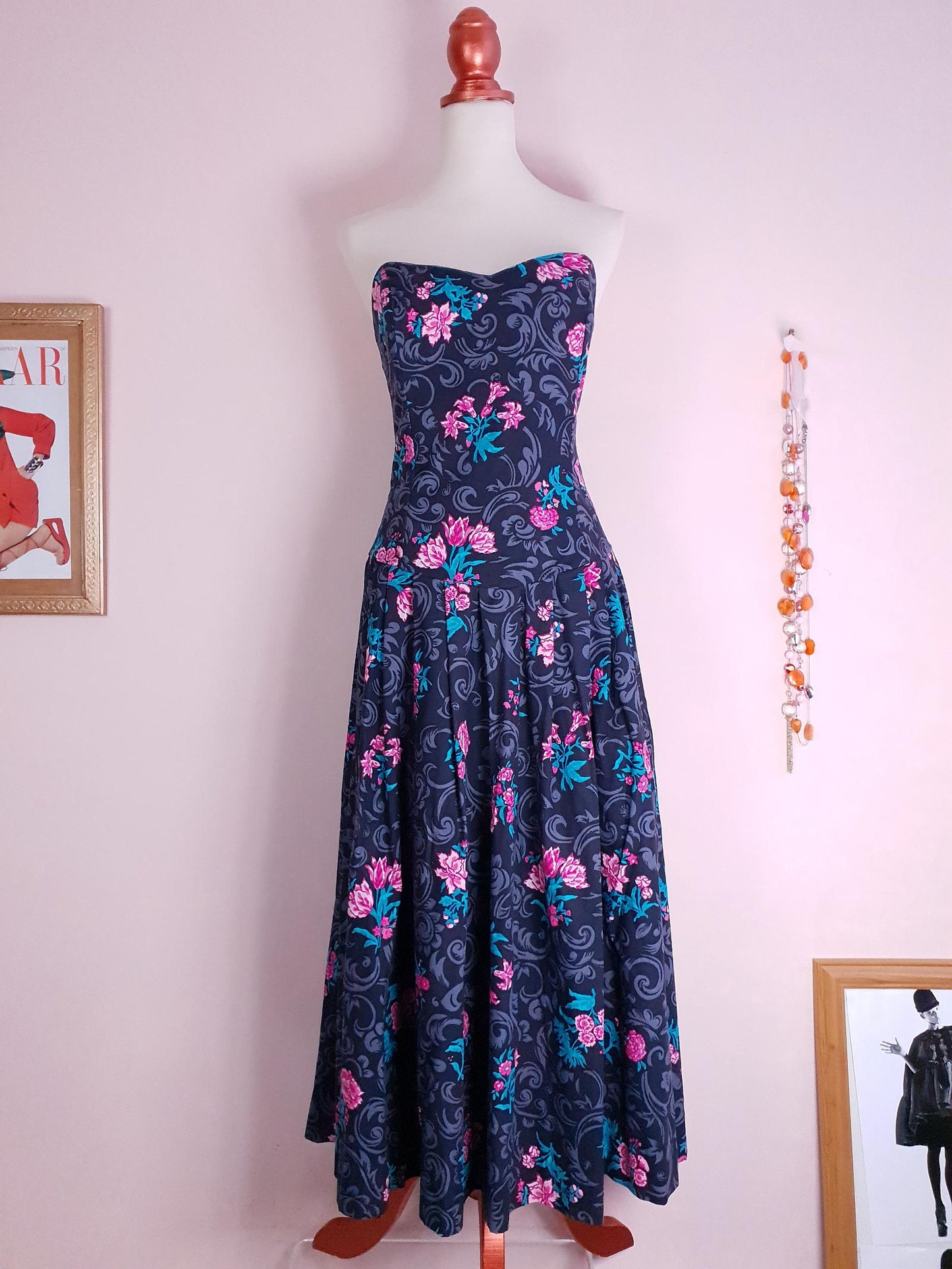 English Classics - Vintage 1980s Laura Ashley Floral Strapless Party Dress - Size 12/14