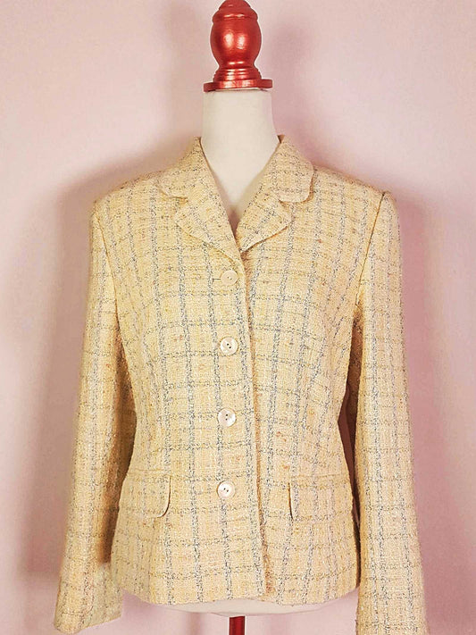 Vintage Laura Ashley Yellow Plaid Tweed Jacket - Size 14 Tartan Check