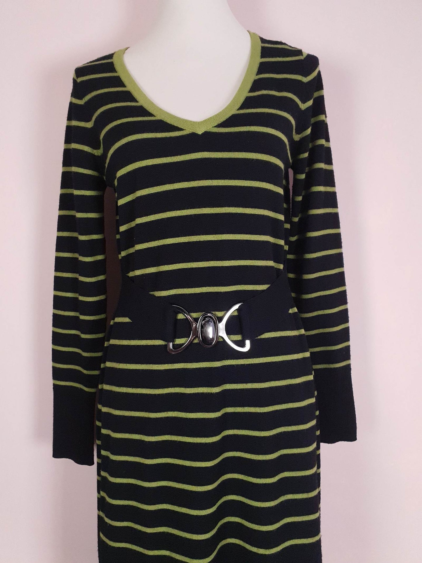 Vintage Laura Ashley Merino Wool Dress Midi Striped Black Green Size 12